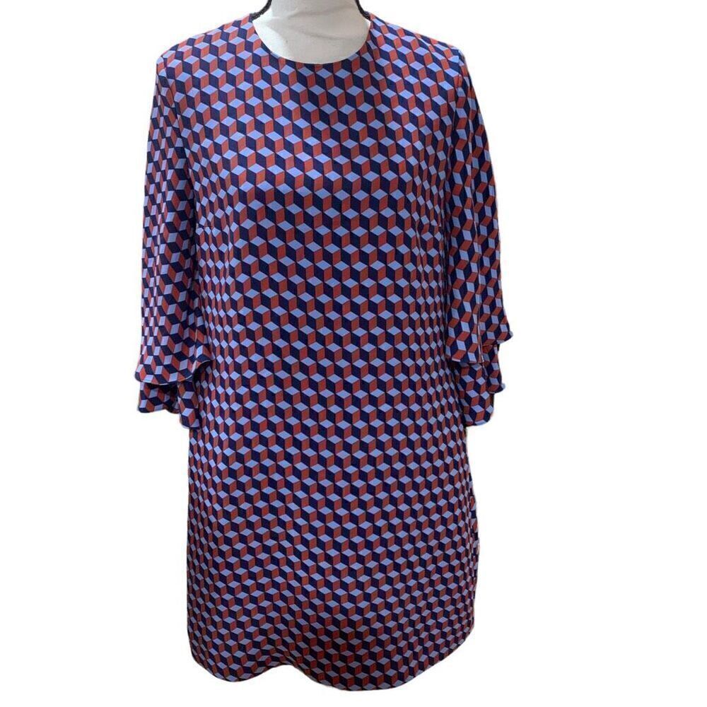 El Ganso Vintage Sheath Dress Geometric Optical Illusion Pattern Bell Sleeve Med
